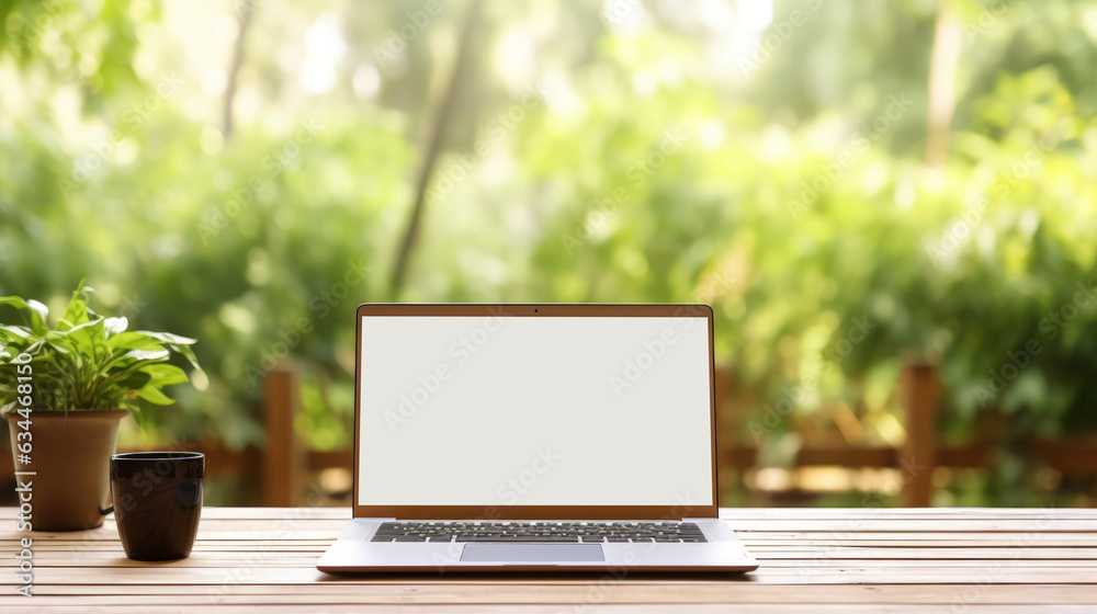 Natural background with laptop with empty screen