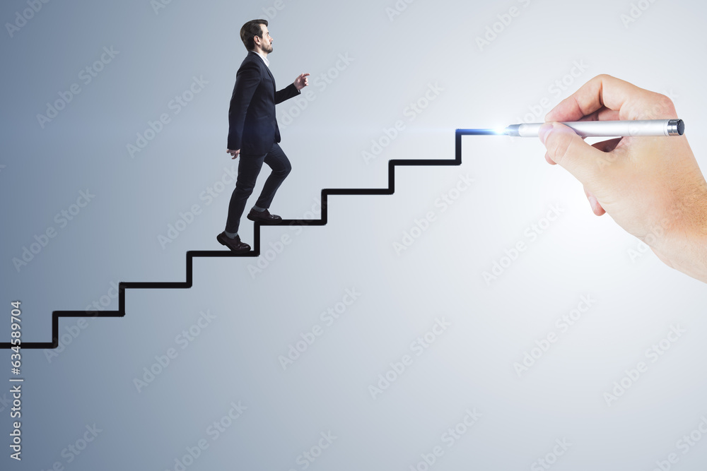 Abstract image of business man climbing hand drawn stairs on light background. Teamwork, success and