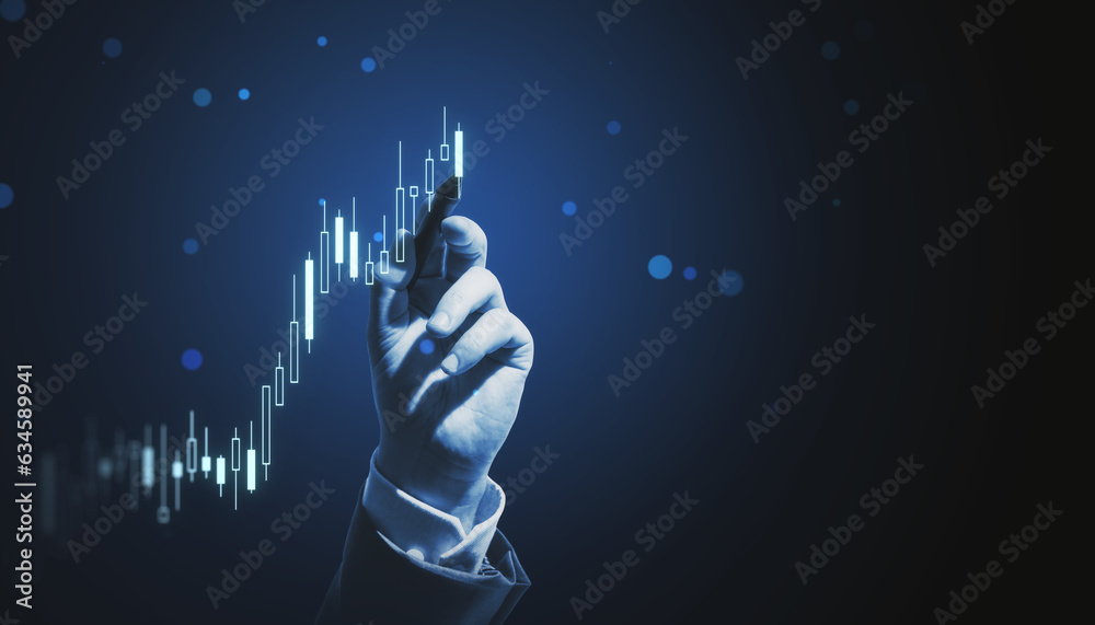 Close up of businessman hand touching with finger virtual panel with forex chart