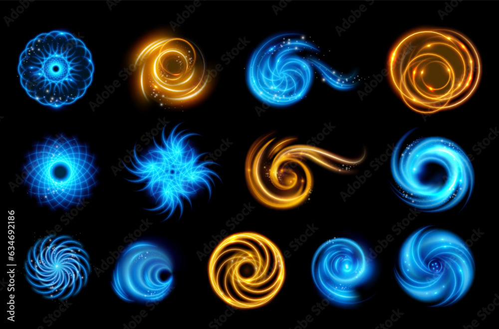 Abstract spiral lights in motion, swirls and waves, realistic illustration collection. Isolated flas