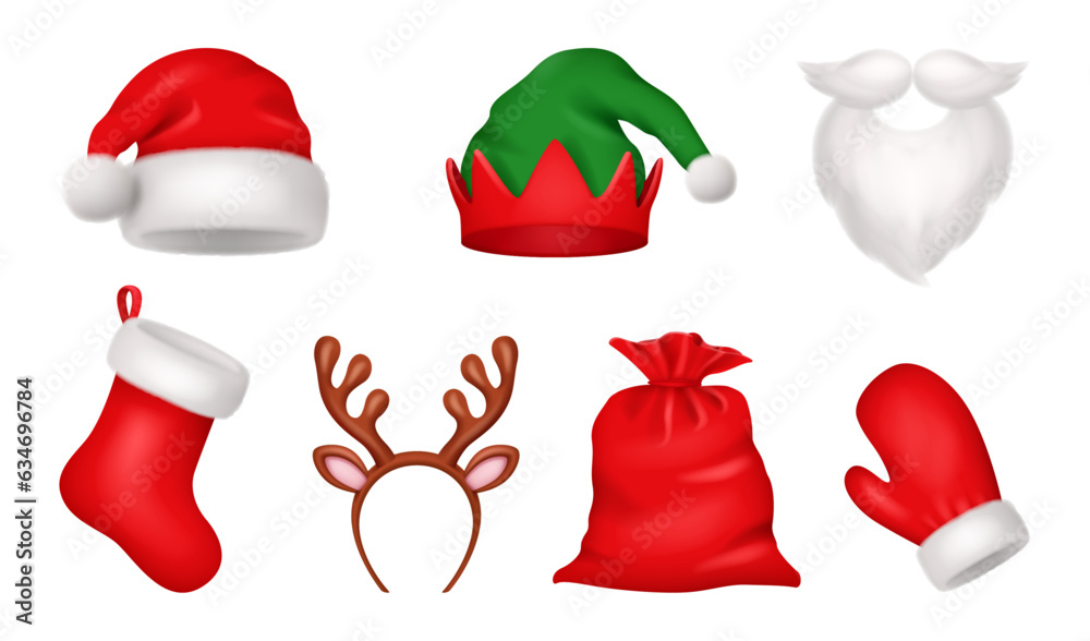 Santa Claus wear accessory realistic, Christmas holiday. Red cute cap, snow reindeer and elves fur h