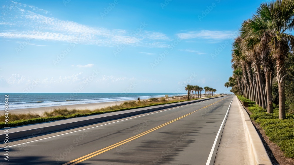 Empty asphalt road beside the sea background, highway beside the sea, outdoors horizontal image, Gen