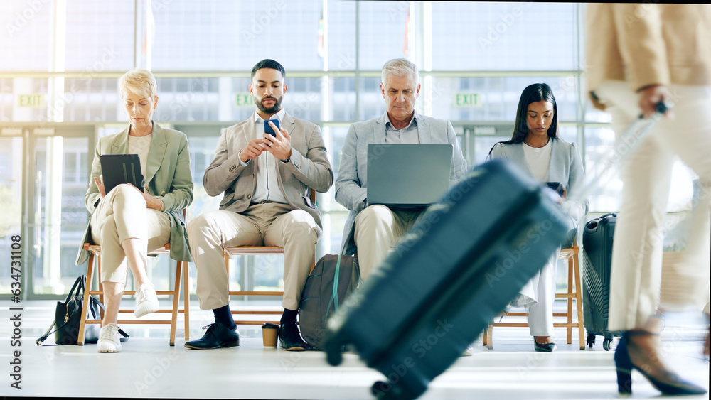 Technology, airport and waiting room row of business people check plane schedule, travel flight book