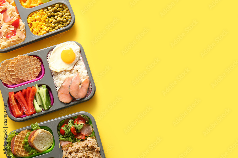 Lunchboxes with different delicious food on yellow background