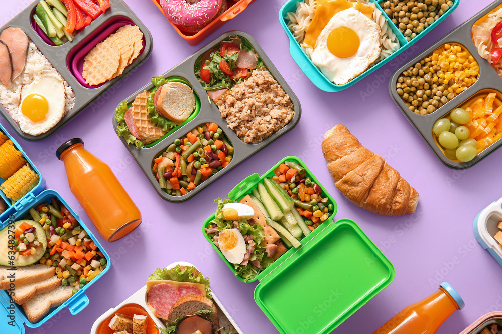 Many lunchboxes with different delicious food on lilac background