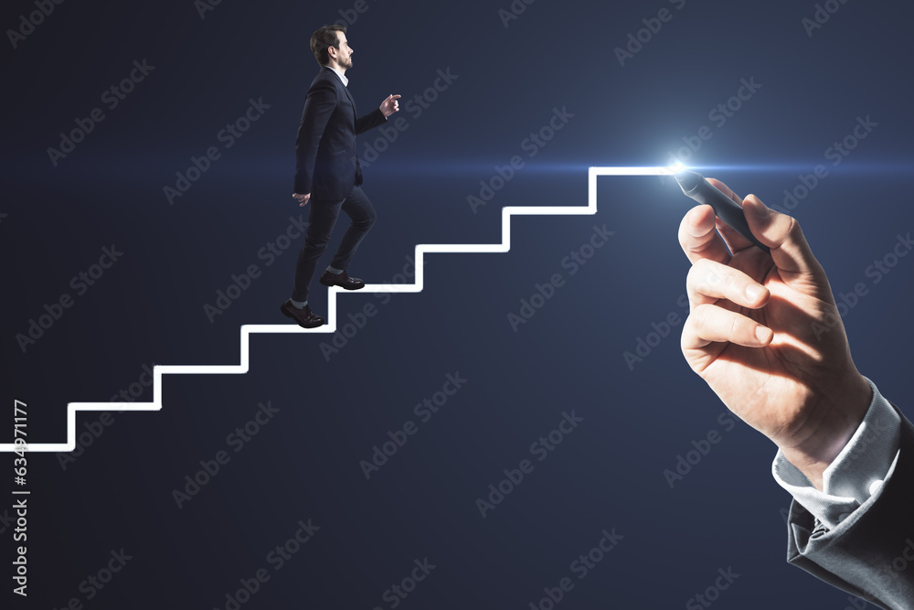 Abstract image of businessperson climbing hand drawn stairs on dark background. Teamwork, success an