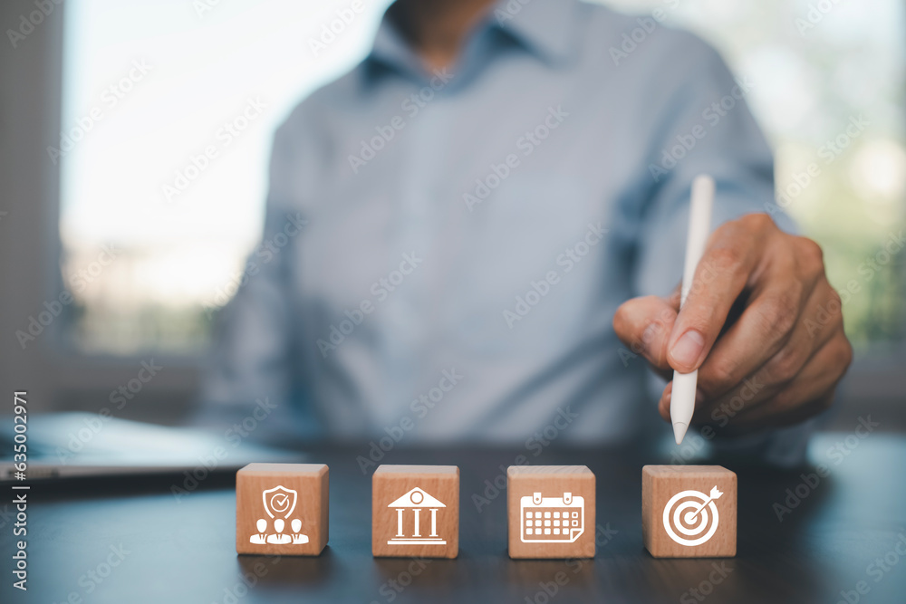 Wood cubes with light bulb icon on the business background, HR Human and people icon,Technology Proc