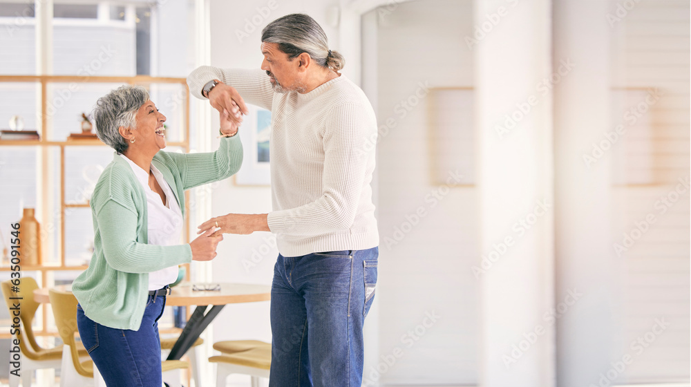 Mature couple, dancing and happy at home for anniversary, birthday or valentines celebration. Laugh,