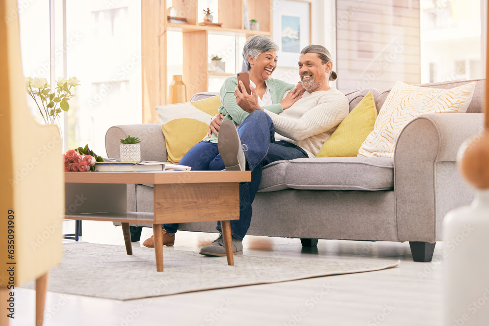 Happy elderly couple, phone and relax on sofa in living room for social media or entertainment at ho