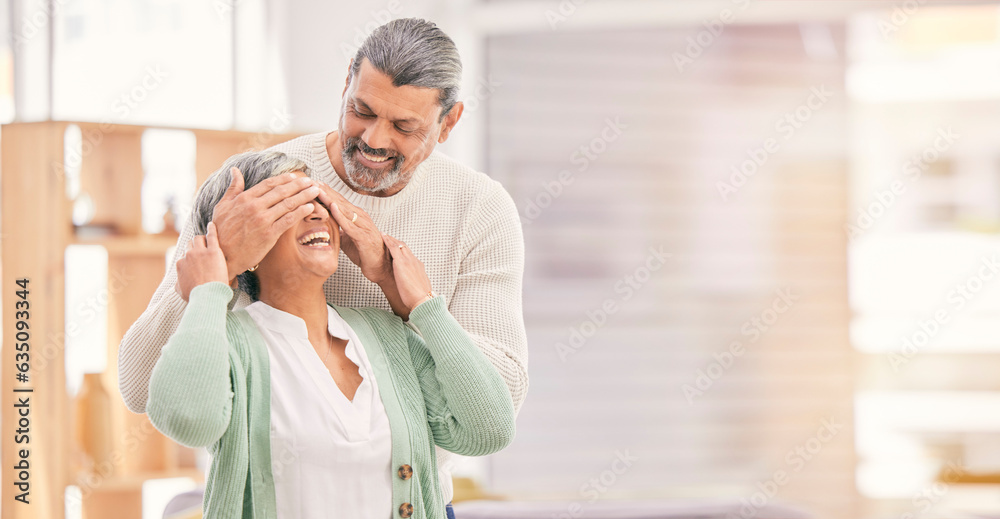 Eyes closed, surprise and elderly couple in a retirement home and living room together. Mockup space