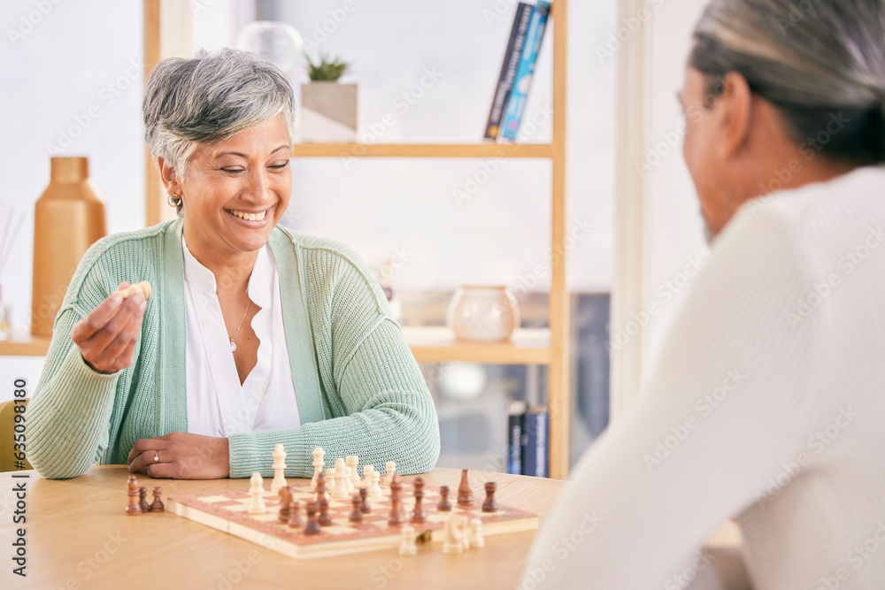 Chess, happy and senior couple play games for relaxing, bonding and spending time together at home. 