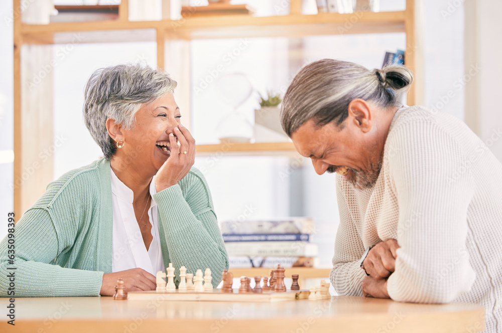 Chess, laugh and senior couple play games for relaxing, bonding and spending time together at home. 