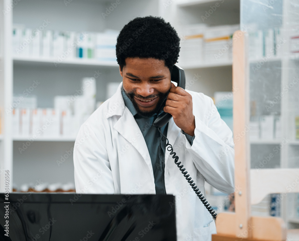 Phone call, pharmacy and black man on computer for medicine, prescription and medication service. He