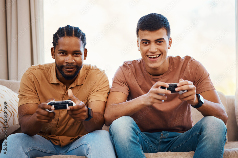 Men on sofa with video games, excited fun and relax in home living room together on internet with co