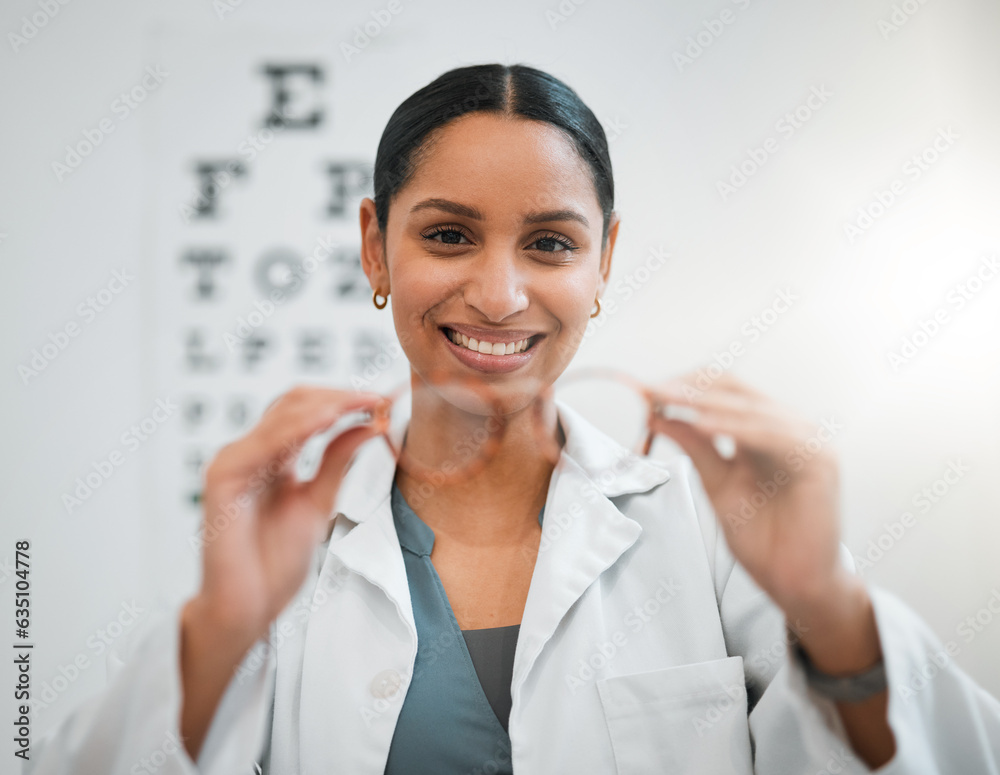 Doctor, woman and glasses, vision and eye care, portrait and optometry with health and smile. Prescr