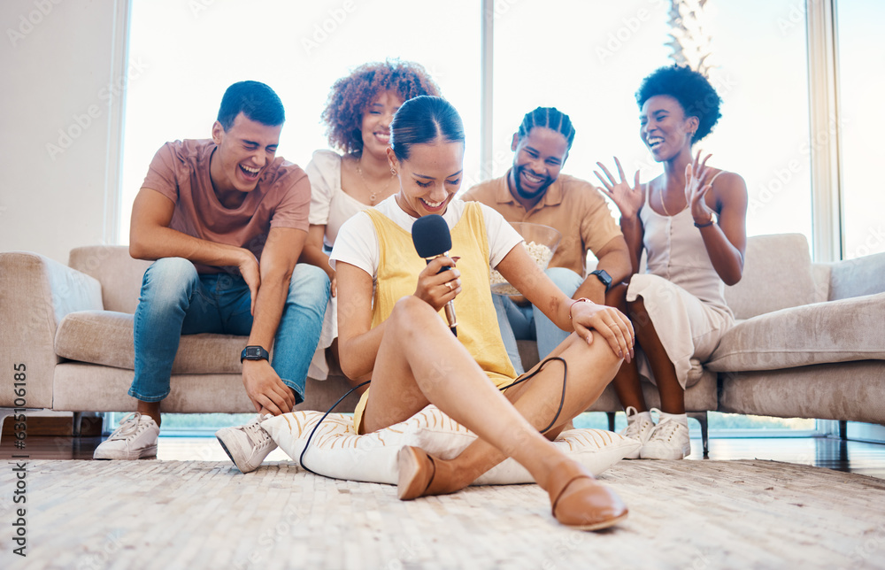 Microphone, laughing or friends singing in home living room together in a party on holiday vacation 