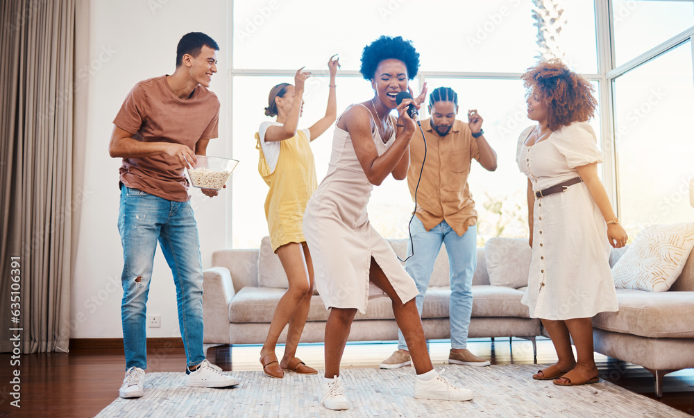 Singing, music and friends doing karaoke in the living room with microphone to playlist or radio. Ha