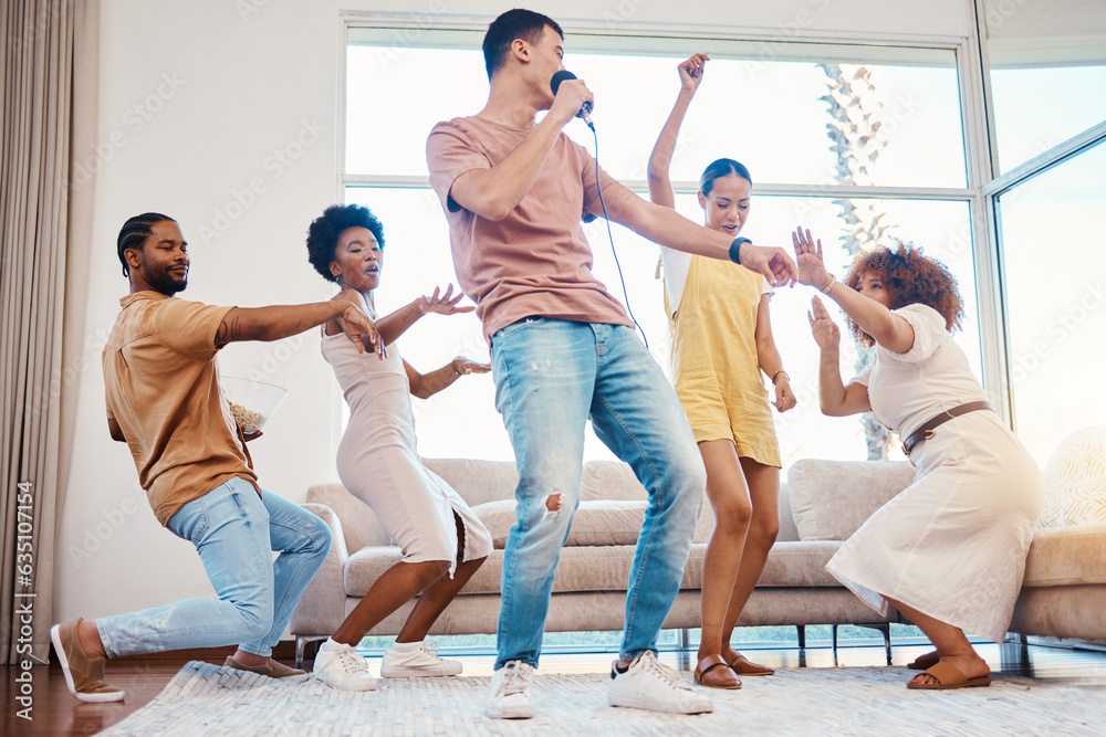 Karaoke, group and friends singing in the living room with a microphone to music, playlist or radio.