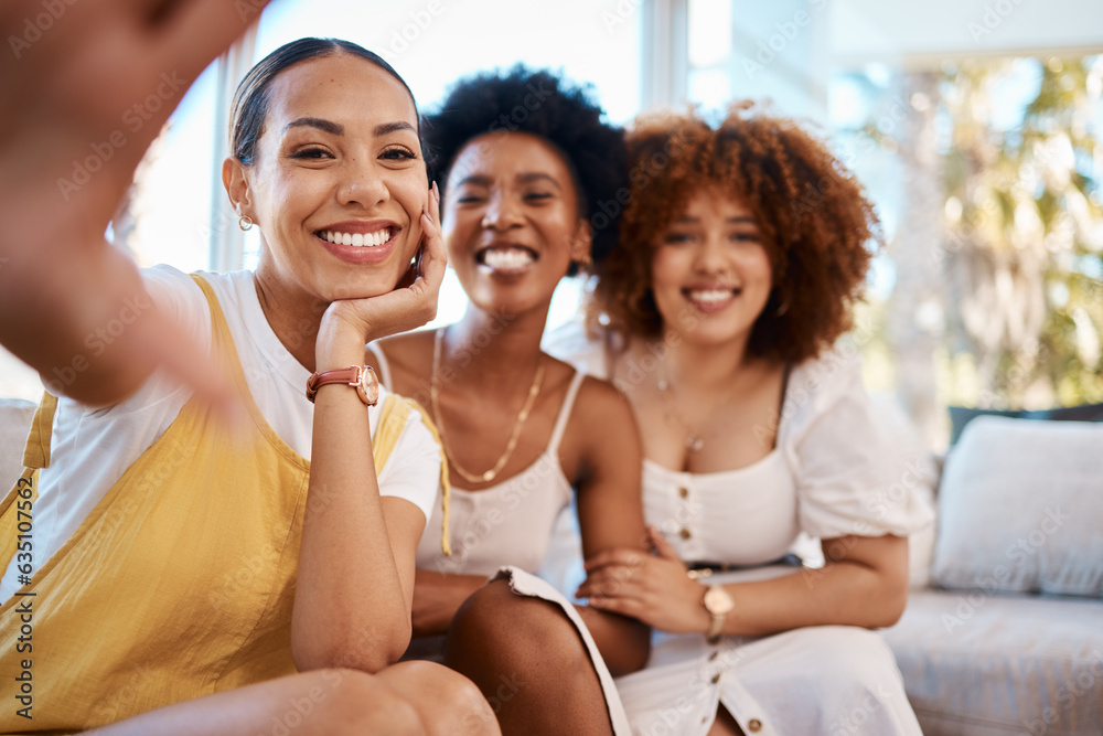 Portrait, smile and selfie of friends in home living room, bonding and having fun on sofa. Face, pro