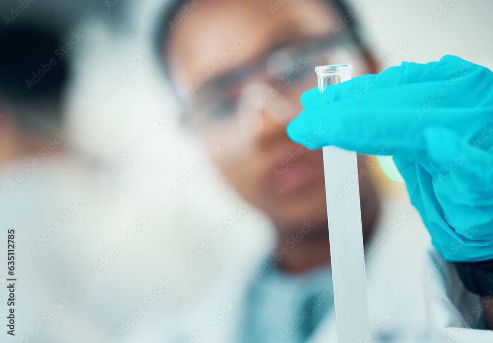 Science, blurred background and woman with test tube in laboratory, medical engineering and mockup. 