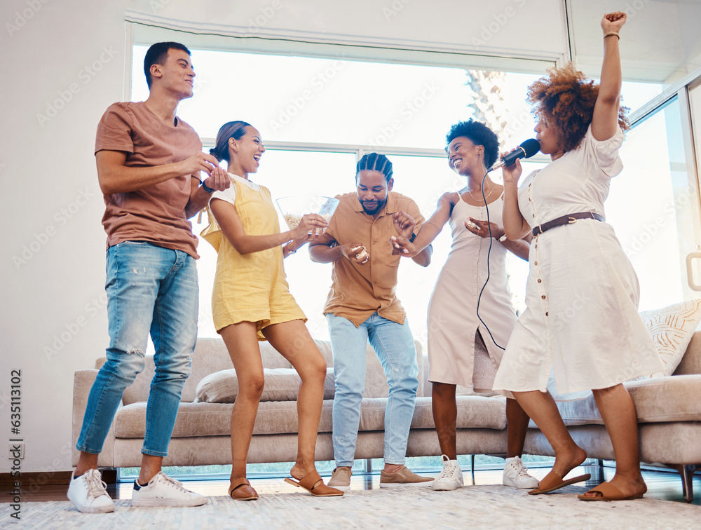 Karaoke, party and friends dancing in the living room with a microphone to music, playlist or radio.