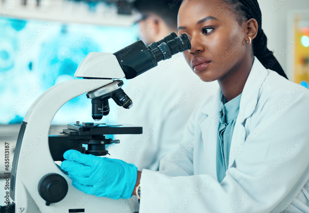 Microscope, scientific and female scientist working in a medical study in pharmaceutical lab. Profes