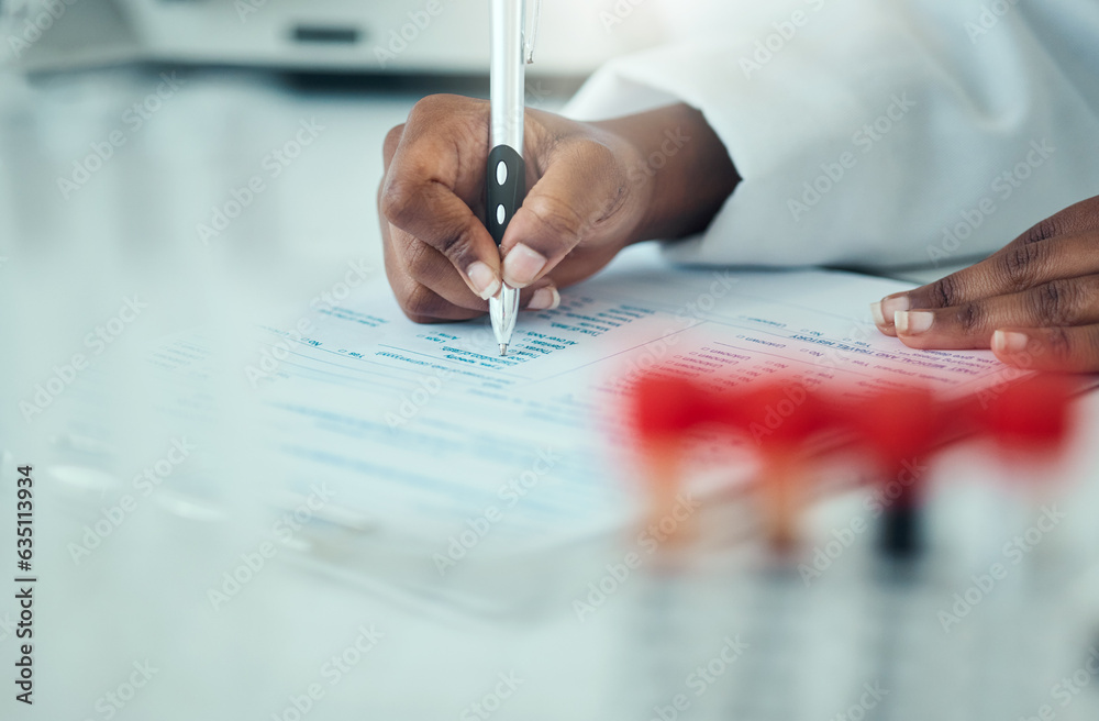 Results, hands or woman scientist writing research notes for analysis on experiment or medical paper