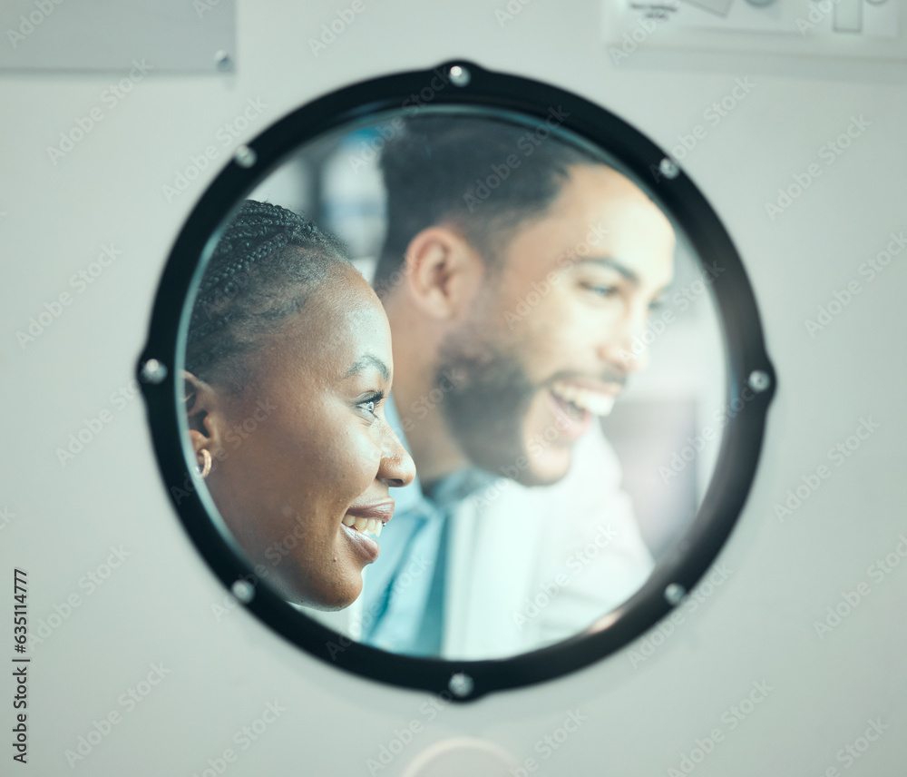 Mirror frame, smile and people in a lab for healthcare innovation, research and teamwork. Happy, col