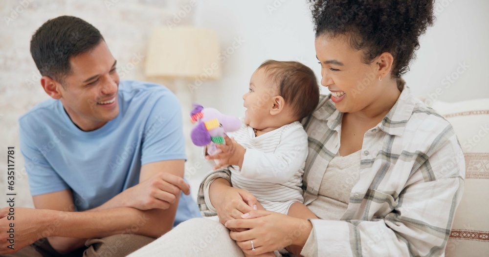 Couple, family and quality time with baby, mom and dad playing with toys for fun, laughing together 