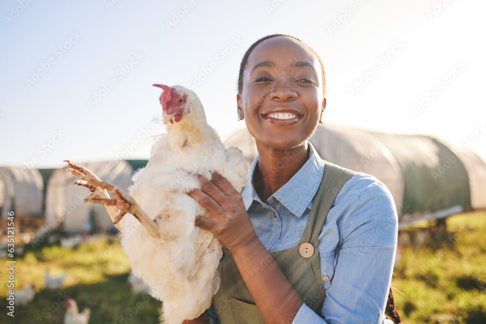 African farmer woman, chicken and portrait outdoor in field, healthy animal or sustainable care for 