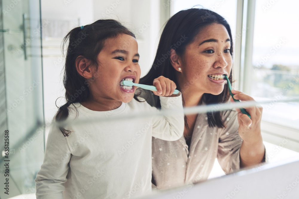 Mother, child and brushing teeth in dental cleaning hygiene, morning routine or healthcare together 