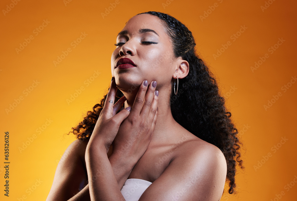 Beauty, makeup and curly hair with face of woman in studio for texture, fashion and cosmetics. Self 