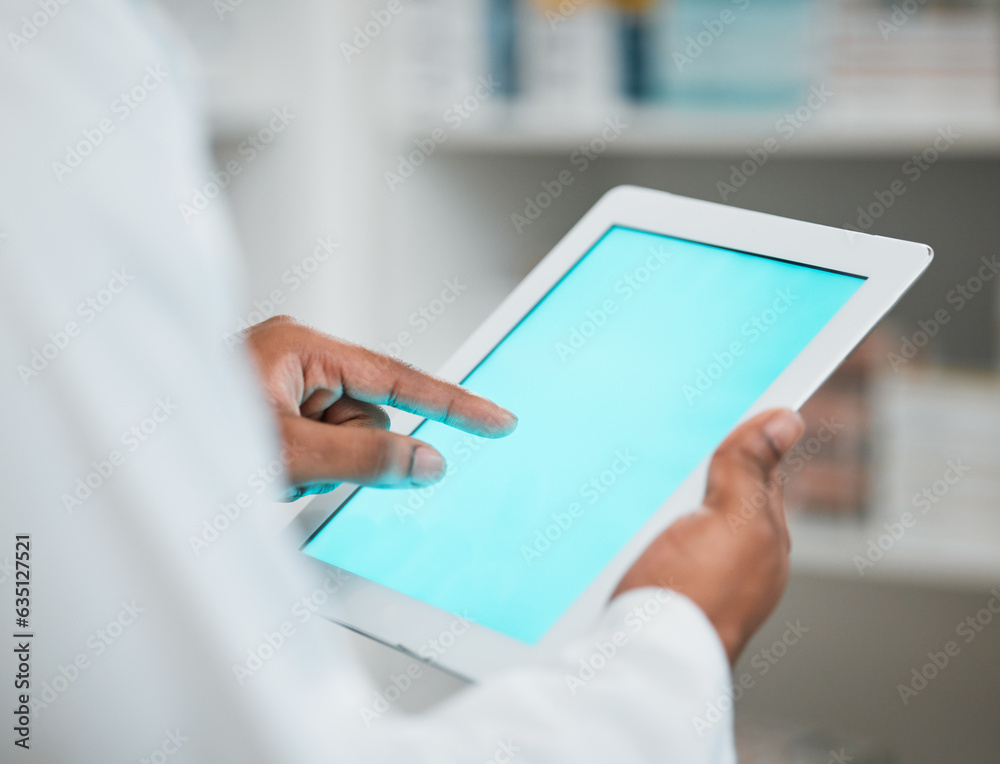 Green screen, pharmacist or hands of man with tablet mockup space for inventory inspection or stock 