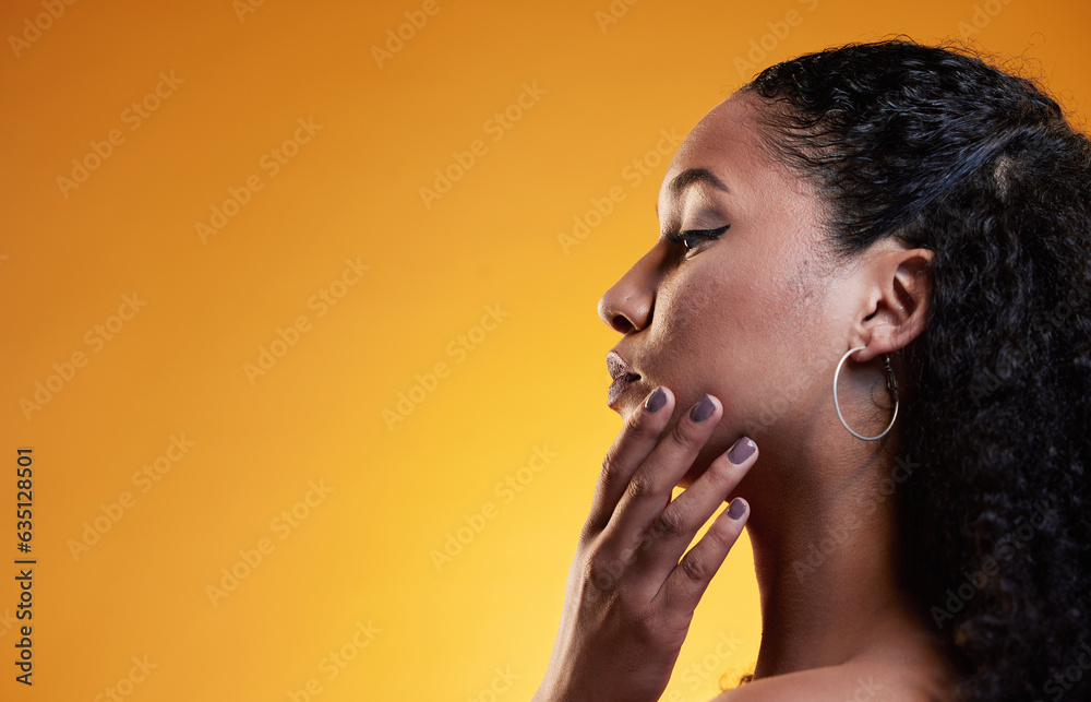 Beauty, hair and space with profile of woman in studio for texture, makeup and cosmetics. Self care,