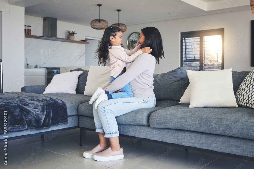 Relax, happy and playful with mother and daughter on sofa for love, care and support. Funny, calm an