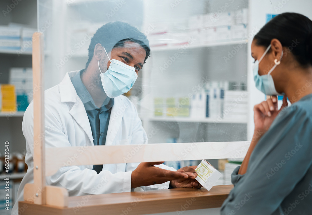 Pharmacy, face mask or black man giving pills to woman patient in customer service for wellness advi