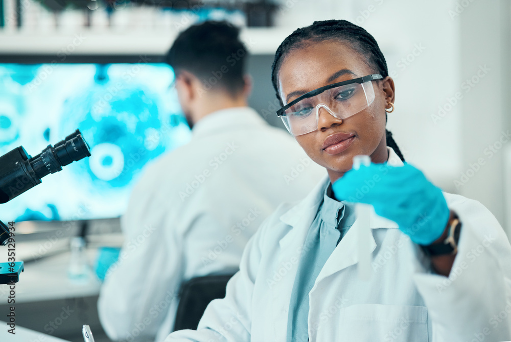 Science, research and black woman with test tube in laboratory, medical engineering and vaccine tech