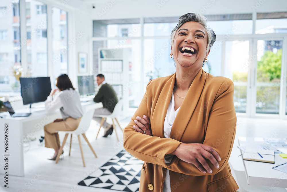 Happy, mature woman and manager with arms crossed in office, workplace and confident in working for 