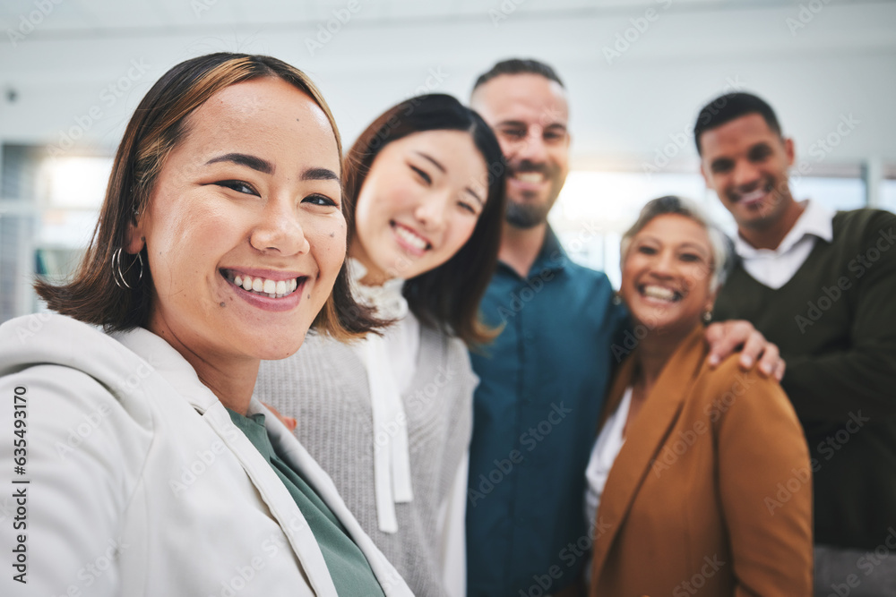 Selfie, portrait and group of business people smile in office for support of global team building. D