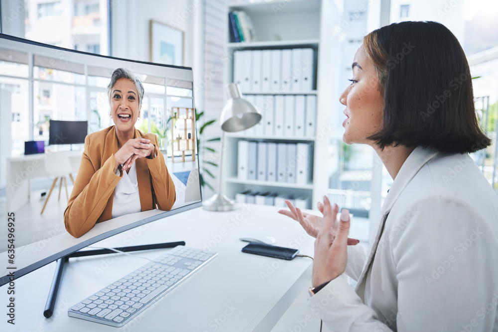 Business woman, video call and computer screen for online meeting, manager feedback and planning in 