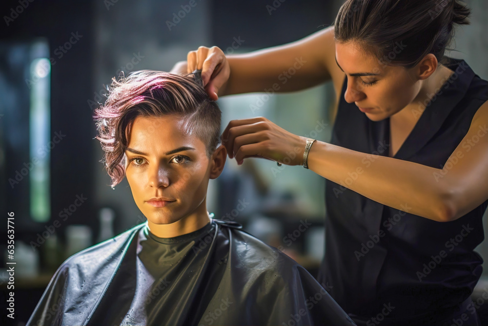 The master takes care of the hair of a woman in a beauty salon. 