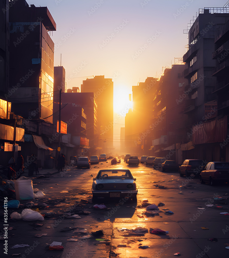 Dystopian city in sunset with abandoned cars and garbage scattered across the street, generative ai