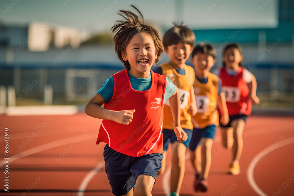 Group of children filled with joy and energy running on athletic track, children healthy active life