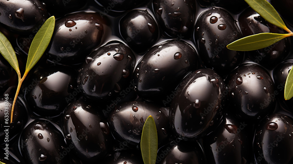 Black olives with leaves and water drops background. Vegetables backdrop. Generative AI