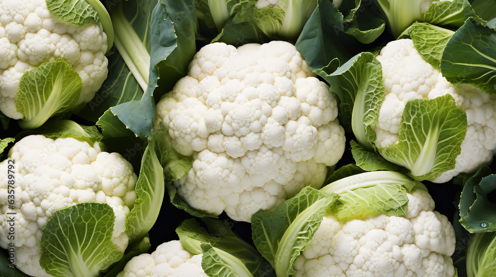 Fresh cauliflowers with water drops background. Vegetables backdrop. Generative AI