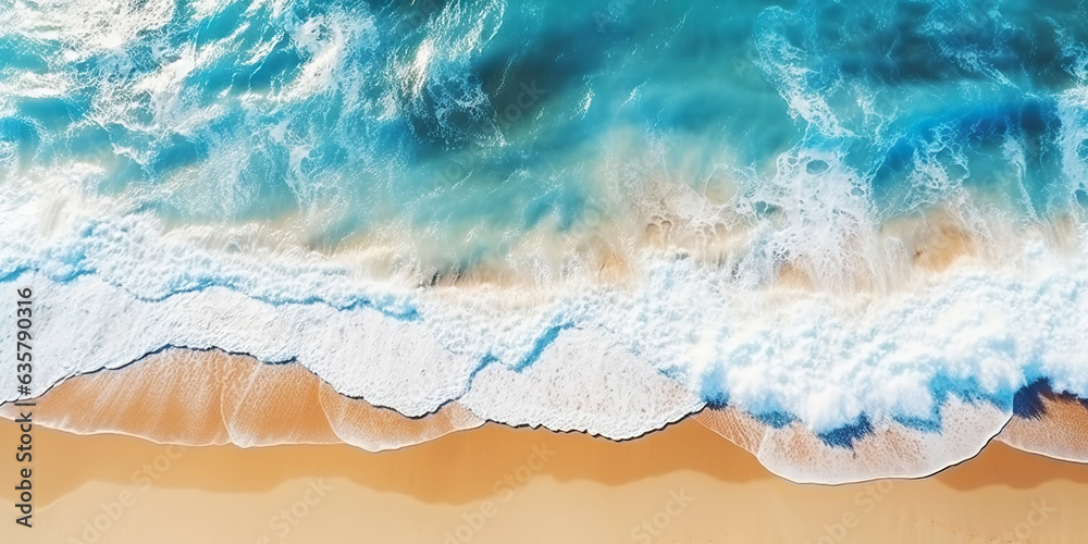 Top view oncoast with ocean waves. Blue water background. Summer seascape from air. Generative AI