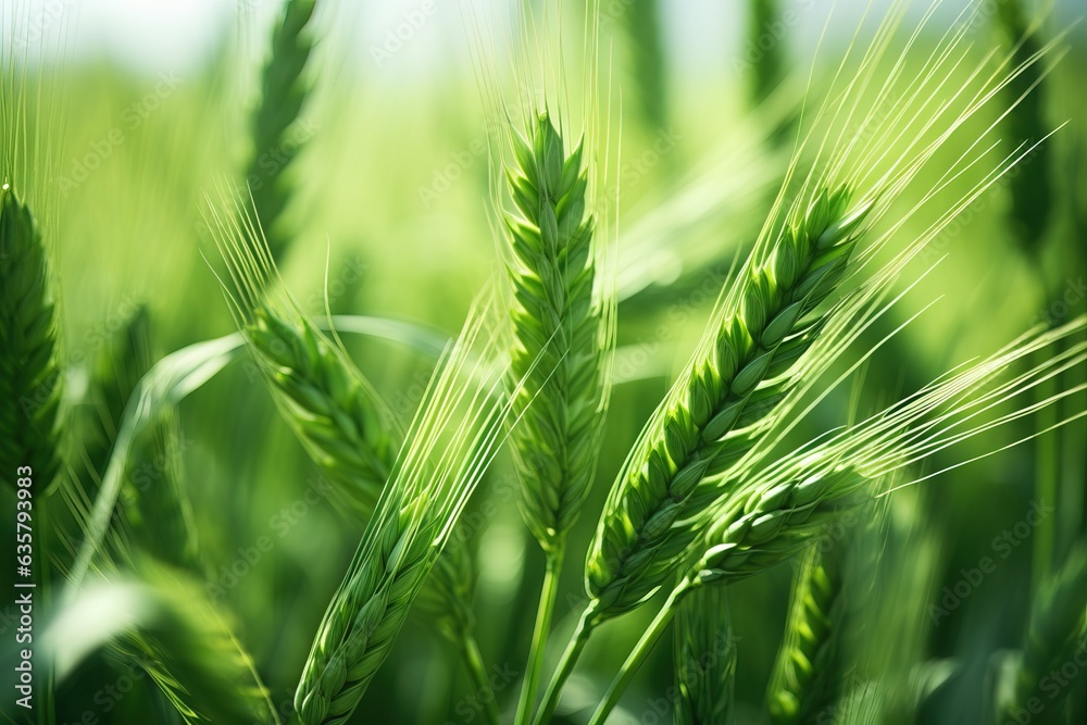 a close-up view of fresh young green wheat ears against the backdrop of nature in a spring or summer