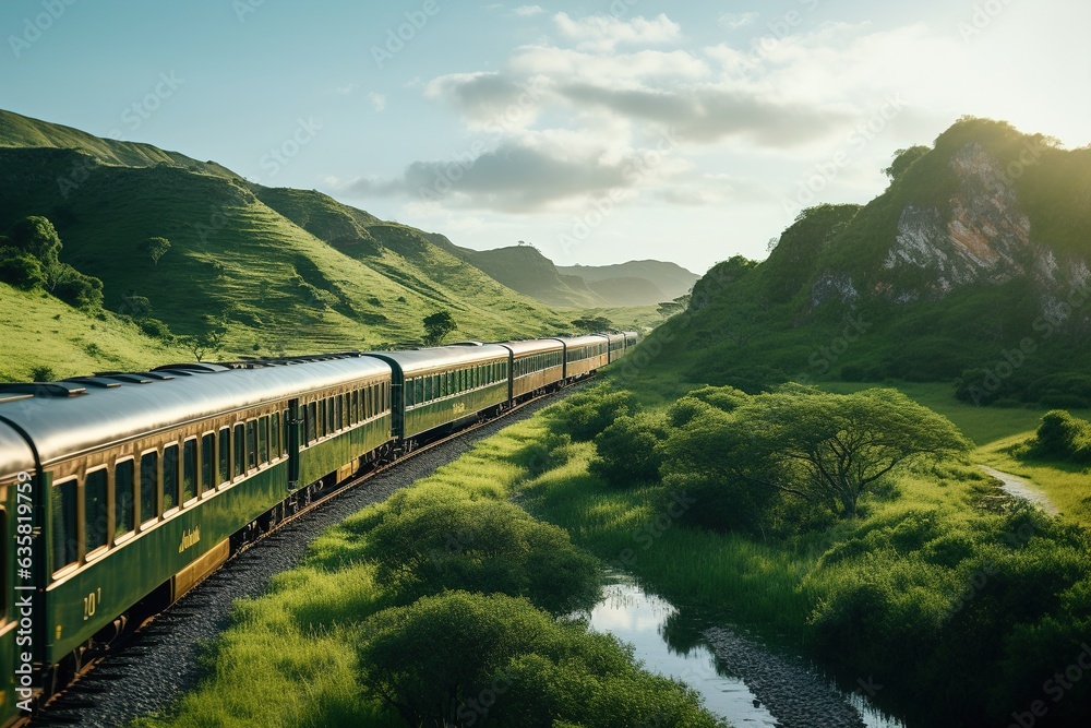 Train rides through beautiful landscape