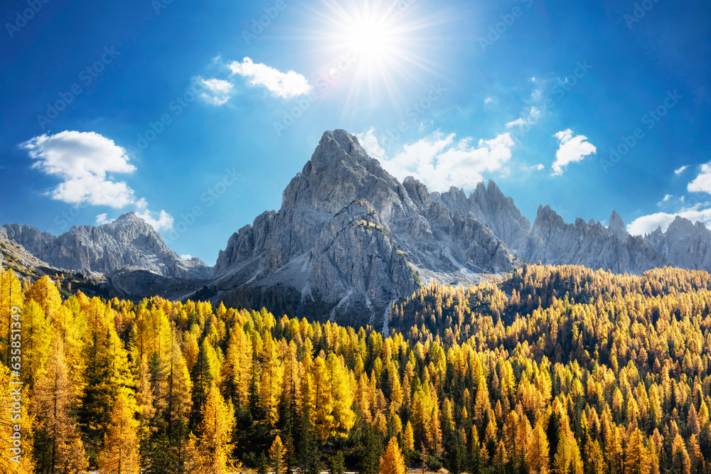 Incredible autumn view at Italian Dolomite Alps. Orange larches forest and foggy mountains peaks on 