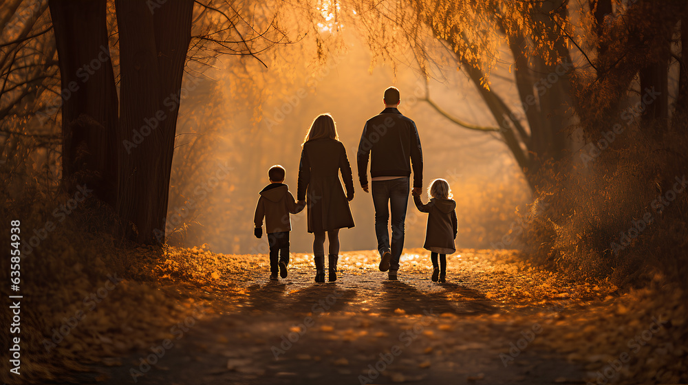 family walking through an autumn park.